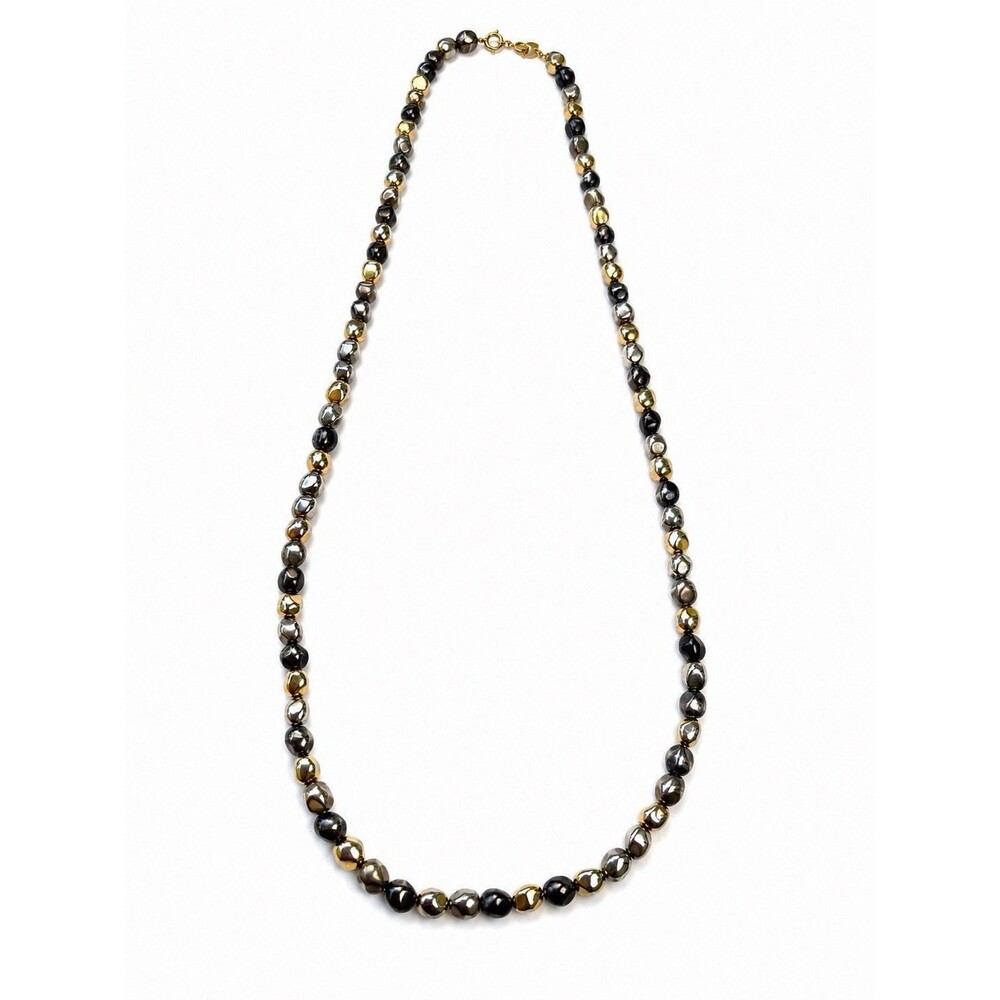 Vintage Mixed Metal Nugget Bead Necklace Gold Silver Black Gunmetal Pebble 30"
